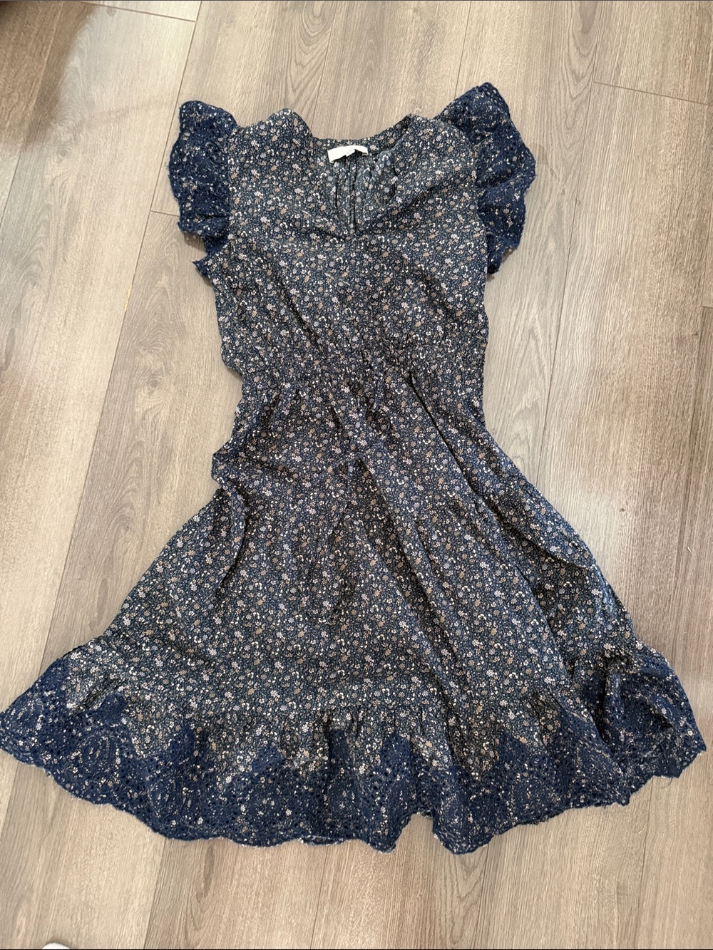 Floral Navy Short Sleeve Ruffle Midi Dress